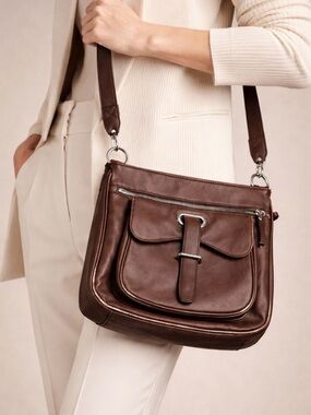 Danier Brown Leather Crossbody Bag with Buckle